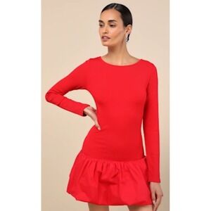 Lulus Red Ribbed Long Sleeve Drop Waist Bubble Hem Mini Dress Large NWT